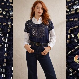 Stunning Beaded Navy Blue Flowy Tunic 100% soft rayon